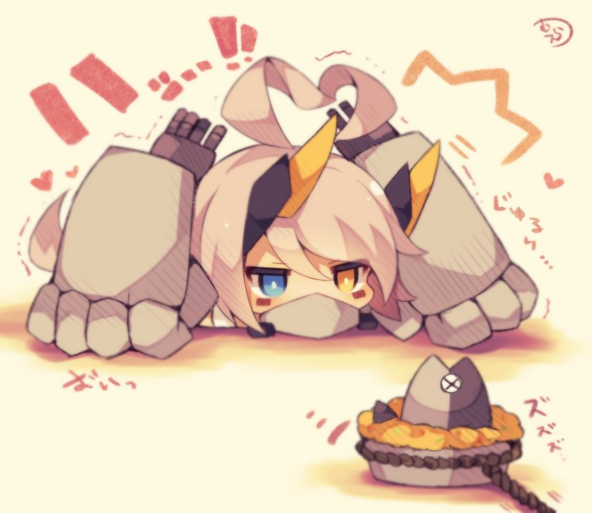 absurdres ahoge azur_lane blue_eyes chibi commentary_request facial_mark female fish food grey_hair hair_between_eyes headgear heart heart_ahoge heterochromia highres indianapolis_(azur_lane) long_hair lying muuran on_stomach pie signature solo stargazy_pie translation_request trembling x_x yellow_eyes