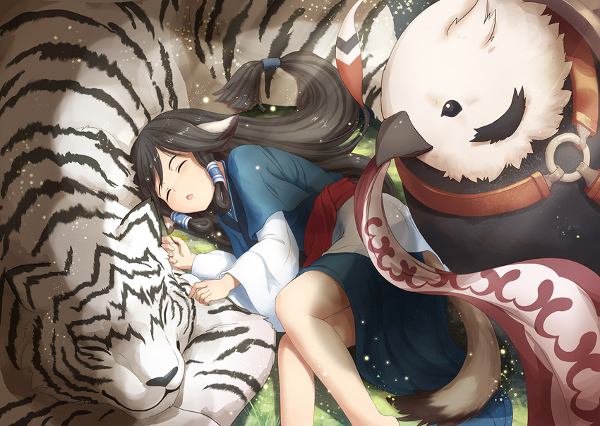 animal_ears aruruu bird black_hair closed_eyes cocopo commentary_request dog_ears dog_tail female long_hair lying mukkuru nncat photoshop_(medium) sleeping tail tiger traditional_clothes utawarerumono utawarerumono:_itsuwari_no_kamen