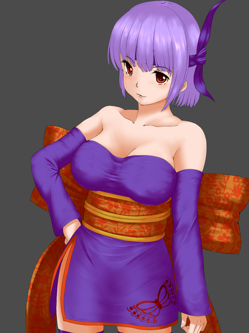 ayane_(doa) bare_shoulders bow breasts cleavage commentary_request cowboy_shot dead_or_alive detached_sleeves dress elbow_gloves female gloves grey_background hand_on_own_hip headband highres japanese_clothes large_breasts obi purple_dress purple_hair purple_headband purple_thighhighs raseruta red_eyes sash short_hair side_slit simple_background solo standing thighhighs zettai_ryouiki