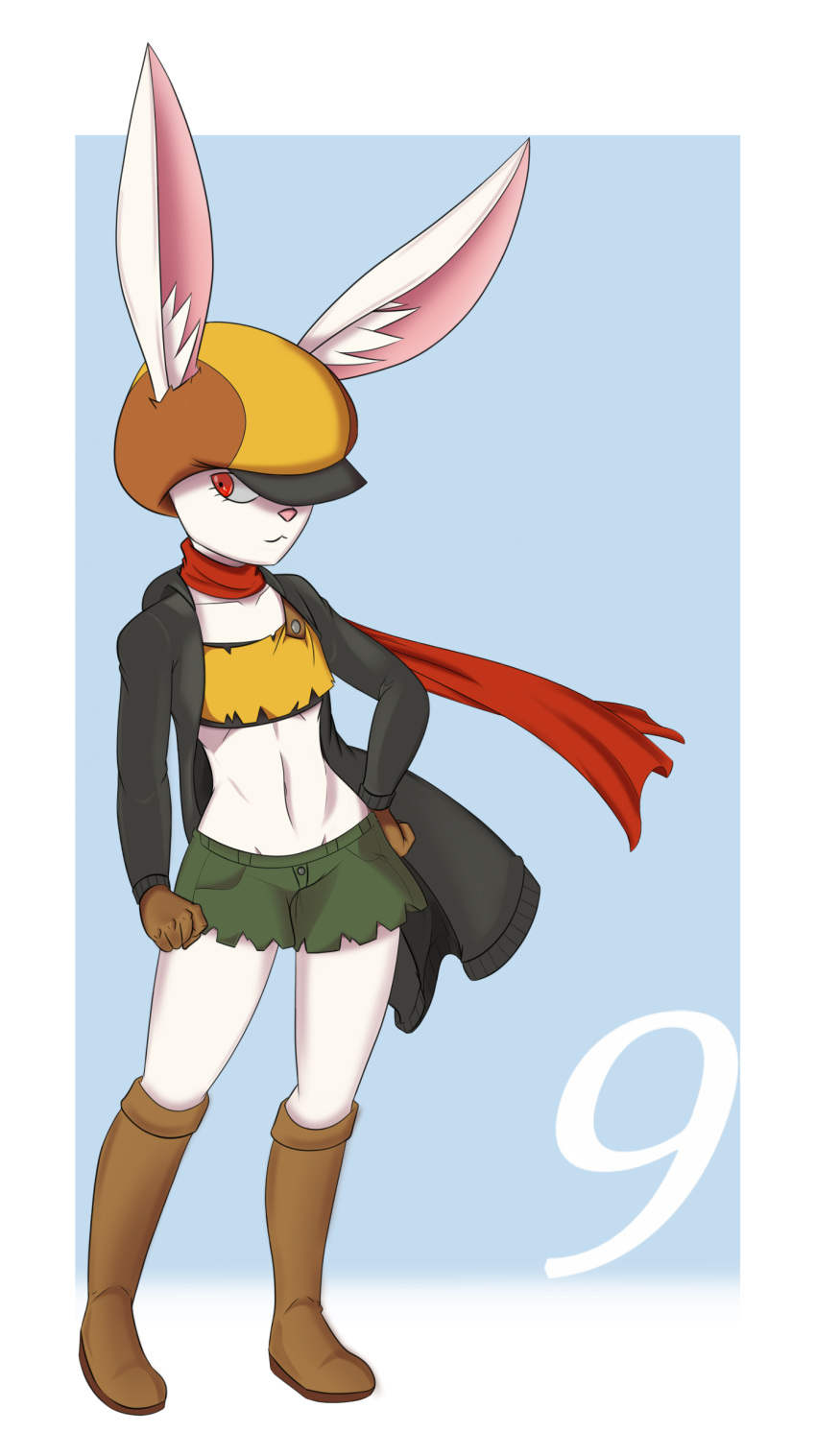 2018 absurd_res anthro breasts clothed clothing dragon_ball dragon_ball_super eyelashes female fur gloves handwear hat headgear headwear hi_res jacket kinglikeme lagomorph leporid mammal rabbit red_eyes scarf simple_background small_breasts smile solo sorrel topwear white_body white_fur