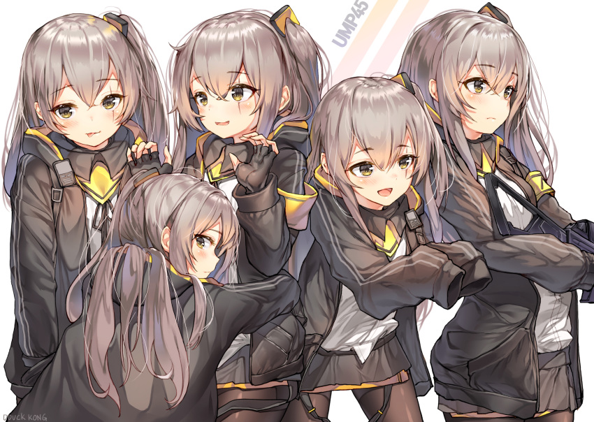 anthro blush girls_frontline gray_hair gun lee_seok_ho long_hair pantyhose ponytail scar skirt ump-45_(girls_frontline) watermark weapon yellow_eyes