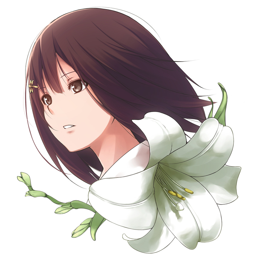 brown_eyes brown_hair commentary_request female flower flowers_(innocent_grey) hair_ornament hairclip highres innocent_grey kousaka_mayuri lily_(flower) nanaku_teiru open_mouth photoshop_(medium) short_hair solo white_background