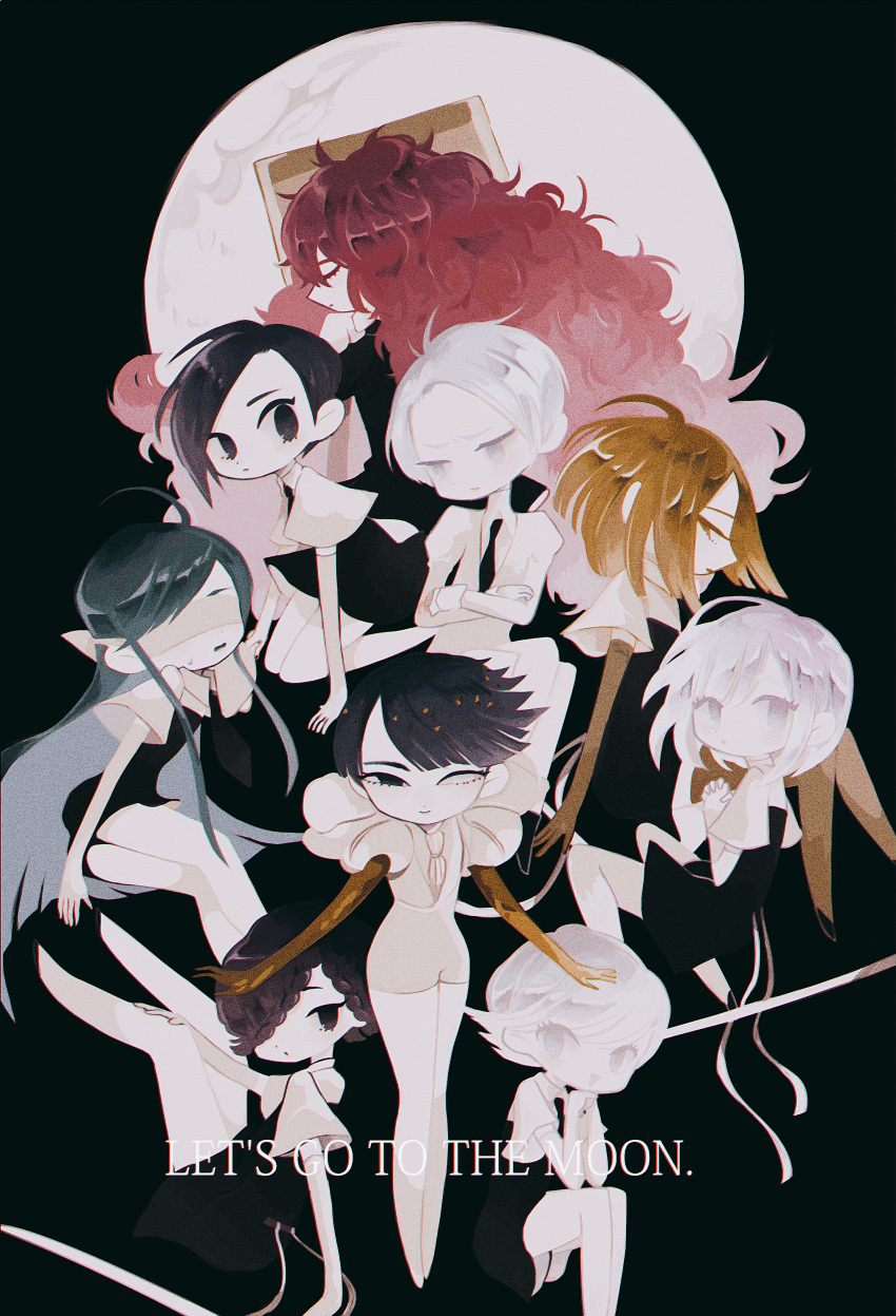 6+others absurdres ahoge alexandrite_(houseki_no_kuni) amethyst_(houseki_no_kuni) androgynous aqua_hair benitoite_(houseki_no_kuni) blonde_hair blue_eyes blue_hair blunt_bangs cairngorm_(houseki_no_kuni) chibi closed_eyes commentary_request crossed_arms diamond_(houseki_no_kuni) elbow_gloves full_moon gem_uniform_(houseki_no_kuni) gloves golden_arms goshenite_(houseki_no_kuni) hair_over_one_eye heterochromia highres houseki_no_kuni long_hair looking_at_viewer marimo_(marimotty) moon multiple_others necktie padparadscha_(houseki_no_kuni) phosphophyllite phosphophyllite_(ll) purple_eyes purple_hair red_hair short_hair spoilers wavy_hair white_eyes white_hair yellow_diamond_(houseki_no_kuni) yellow_eyes