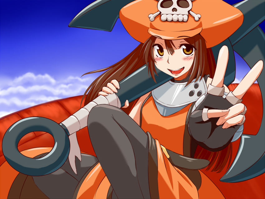 :d anchor blush brown_hair commentary_request female fingerless_gloves foreshortening gloves guilty_gear hat huge_weapon long_hair looking_at_viewer may_(guilty_gear) open_mouth orange_hat orange_shirt over_shoulder pirate_hat raseruta shirt sitting smile solo v weapon weapon_over_shoulder yellow_eyes