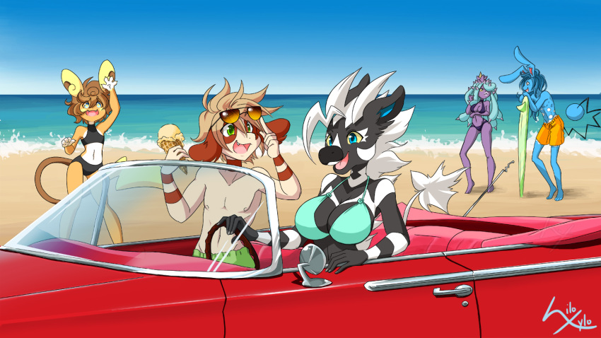 16:9 alolan_form alolan_raichu anthro anthrofied azumarill barefoot beach big_breasts bikini black_nose blue_eyes breasts car clothed clothing dessert detailed_background echinoderm feet female food generation_2_pokemon generation_5_pokemon generation_7_pokemon green_eyes group hamsteroftime hi_res ice_cream inside_car leo_(velociripper) male mammal mareanie marine nintendo open_mouth outside pokemon pokemon_(species) pokemorph regional_form_(pokemon) sand seaside smeargle smile surfboard swimwear toes vehicle water watercraft widescreen yellow_sclera zebstrika zee_(velociripper)