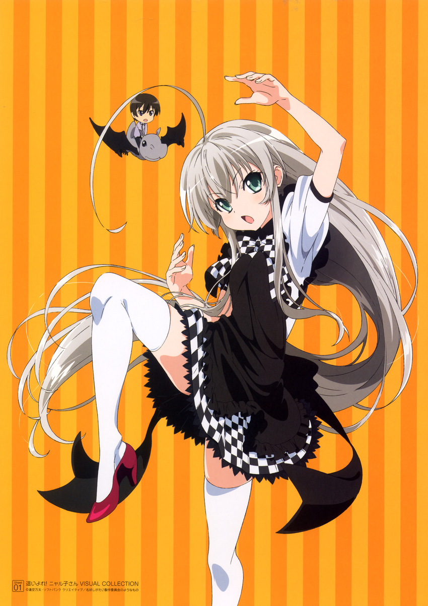 1boy absurdres ahoge arm_up artist_request black_dress bow checkered_bow checkered_clothes checkered_skirt chibi dress female haiyore!_nyaruko-san high_heels highres long_hair looking_at_viewer nyarlathotep_(nyaruko-san) official_art pose puffy_short_sleeves puffy_sleeves red_footwear shantak_(nyaruko-san) shoes short_sleeves simple_background skirt standing standing_on_one_leg striped striped_background thighhighs two-tone_background very_long_hair yasaka_mahiro zettai_ryouiki