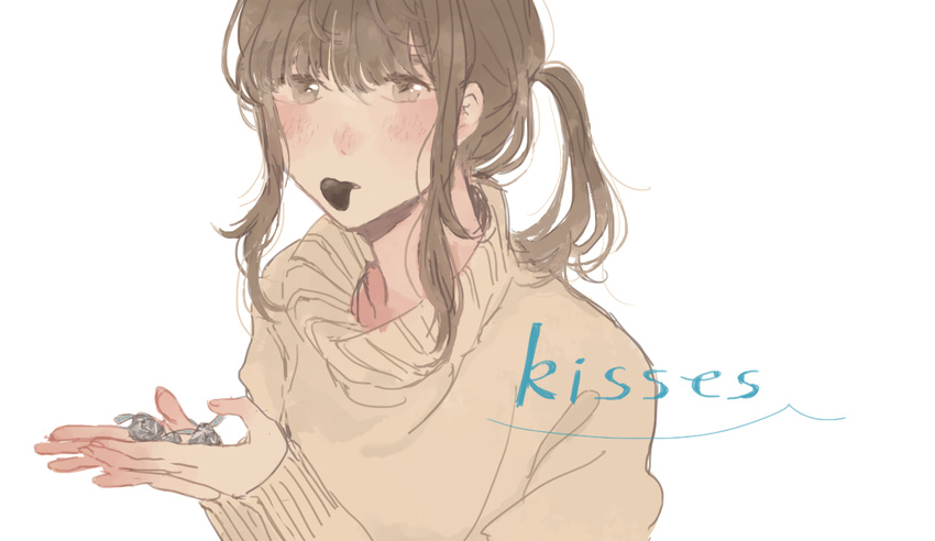 blush brown_eyes brown_hair candy chocolate commentary_request female food food_in_mouth hershey's_kisses hinao_(flowerrabbit2348) holding looking_at_viewer mouth_hold original partial_commentary ponytail short_hair sidelocks simple_background solo turtleneck upper_body white_background