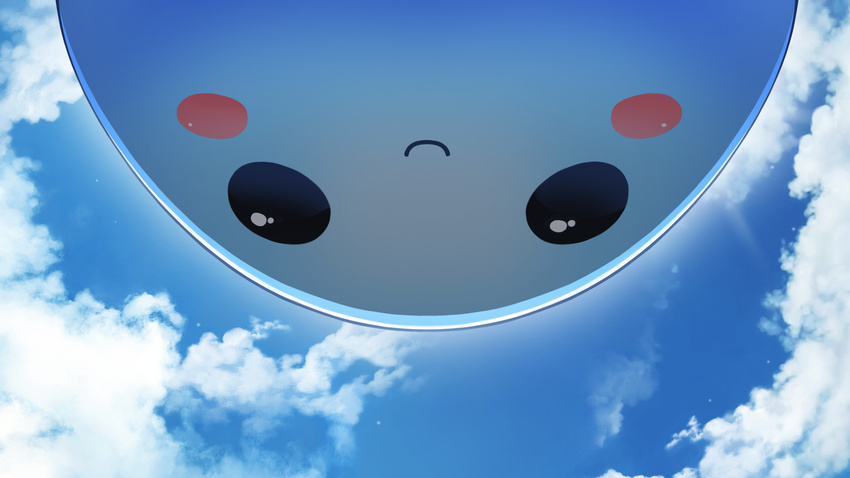 absurdres black_eyes blue_sky blue_theme blush_stickers cloud commentary crystalline day from_below highres looking_down outdoors pango_(crystalline) shadow sky smile solid_circle_eyes sunimu upside-down