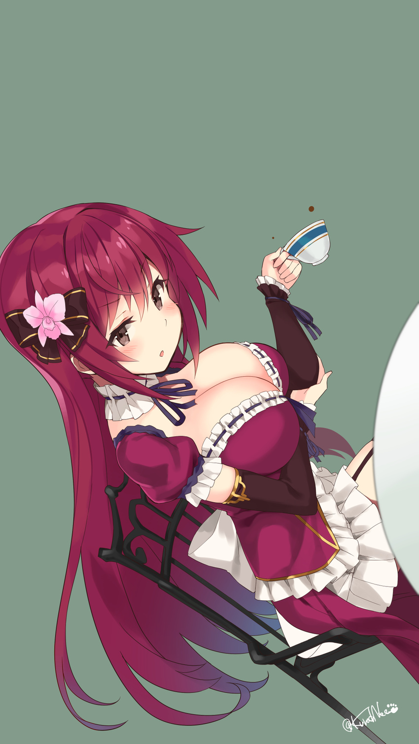 blush breasts brown_eyes cattleya_(flower_knight_girl) cleavage commentary_request cup dress female flower_knight_girl garter_straps highres kuro_chairo_no_neko large_breasts long_hair looking_at_viewer open_mouth purple_hair simple_background solo teacup