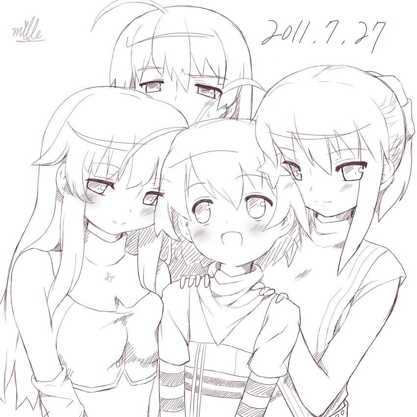 4girls bad_id bad_pixiv_id blush commentary_request copyright_request dated highres long_hair mille monochrome multiple_girls open_mouth short_hair simple_background smile white_background