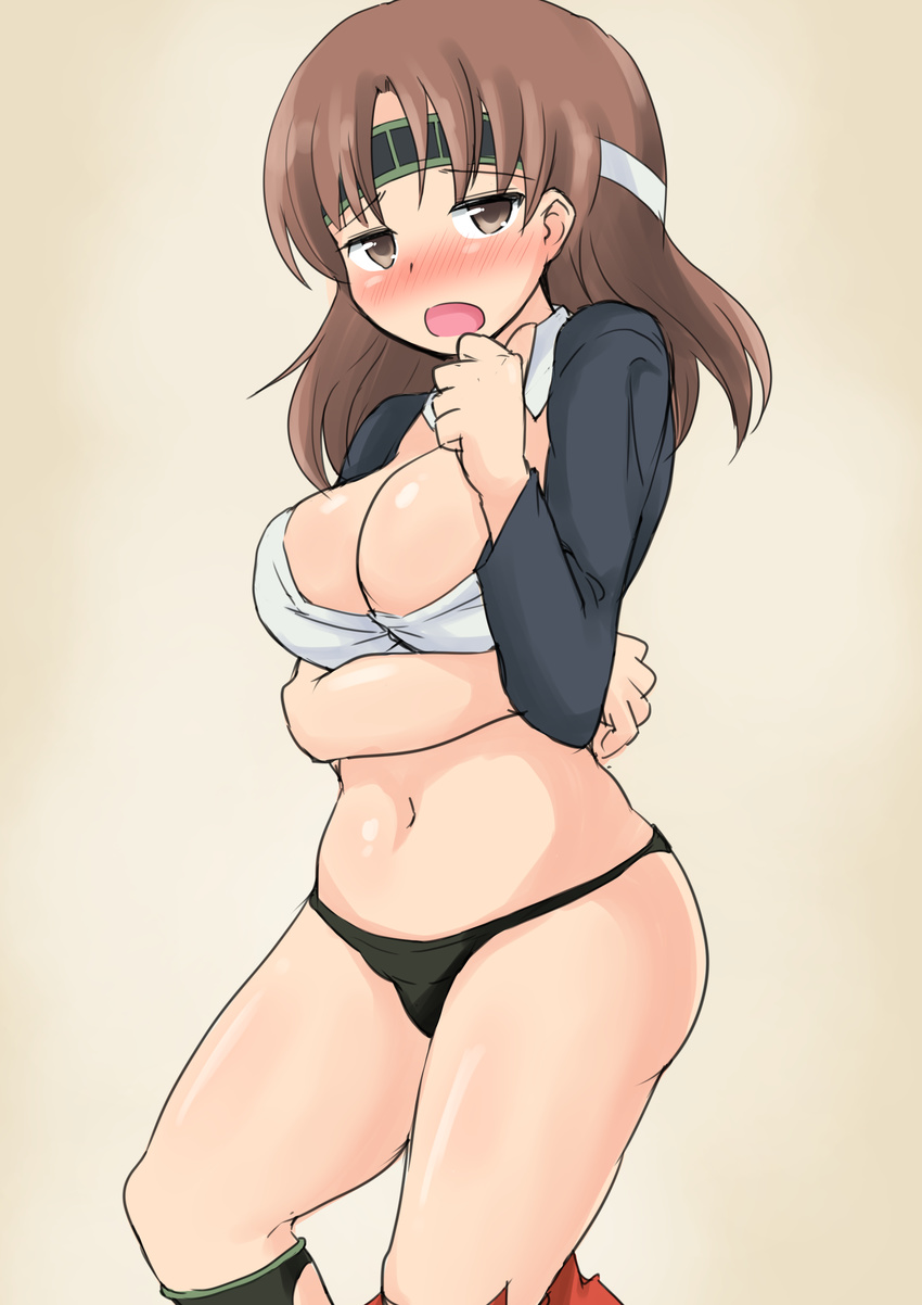 absurdres bad_id bad_twitter_id black_panties blush breasts brown_eyes brown_hair chiyoda_(kancolle) cleavage female headband highres jack_(jackdou) kantai_collection large_breasts navel open_mouth panties solo torn_clothes underwear