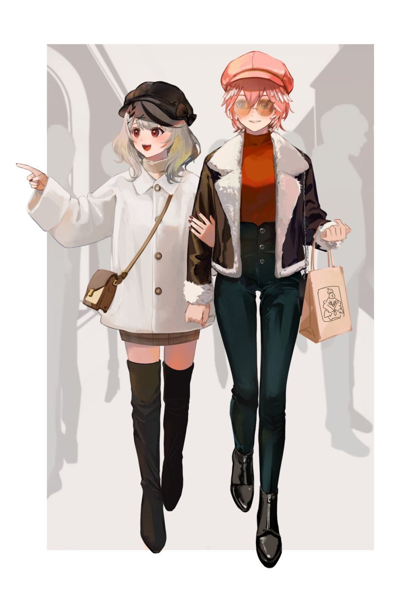 2girls alternate_costume bad_id bad_twitter_id bag black_footwear black_headwear boots brown_jacket denim fashion full_body fur_trim ganmo_(takane_lui) hair_wings handbag high-waist_pants highres holding holding_another's_arm holding_bag hololive jacket jeans mirekhot multiple_girls pants pink_hair pink_headwear round_eyewear sakamata_chloe short_hair smile sunglasses takane_lui thigh_boots thighhighs tsukune_(takane_lui) tsumire_(takane_lui) virtual_youtuber walking white_headwear white_jacket wings