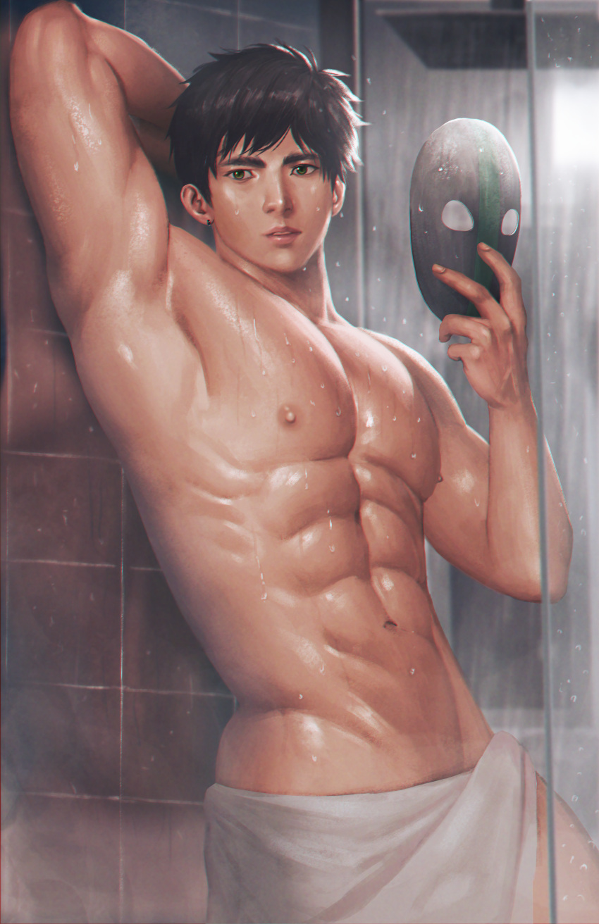 1boy abs absurdres arm_behind_head bara black_hair commission earrings green_eyes highres holding holding_mask indie_virtual_youtuber jewelry large_pectorals male_focus mask muscular muscular_male navel nickakito nipples parted_lips pectorals short_hair solo topless_male towel towel_around_waist virtual_youtuber wet