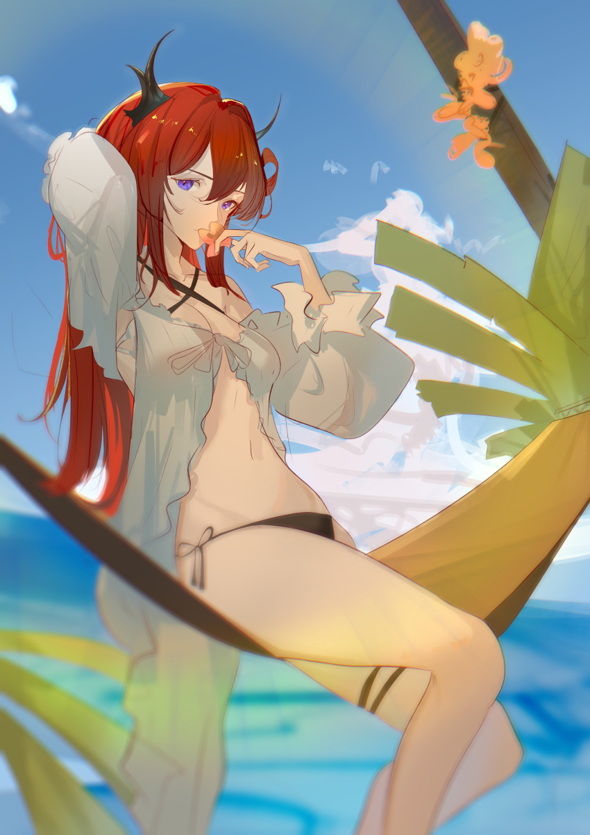 absurdres arknights arm_up armpits bare_shoulders bikini black_bikini blue_eyes breasts cleavage criss-cross_halter feet_out_of_frame female flower halterneck hammock highres holding holding_flower horns long_hair long_sleeves looking_at_viewer medium_breasts naoel_(naoel_art) navel official_alternate_costume outdoors puffy_long_sleeves puffy_sleeves red_hair side-tie_bikini_bottom sitting skindentation solo stomach surtr_(arknights) surtr_(colorful_wonderland)_(arknights) swimsuit swimsuit_cover-up thigh_strap tree