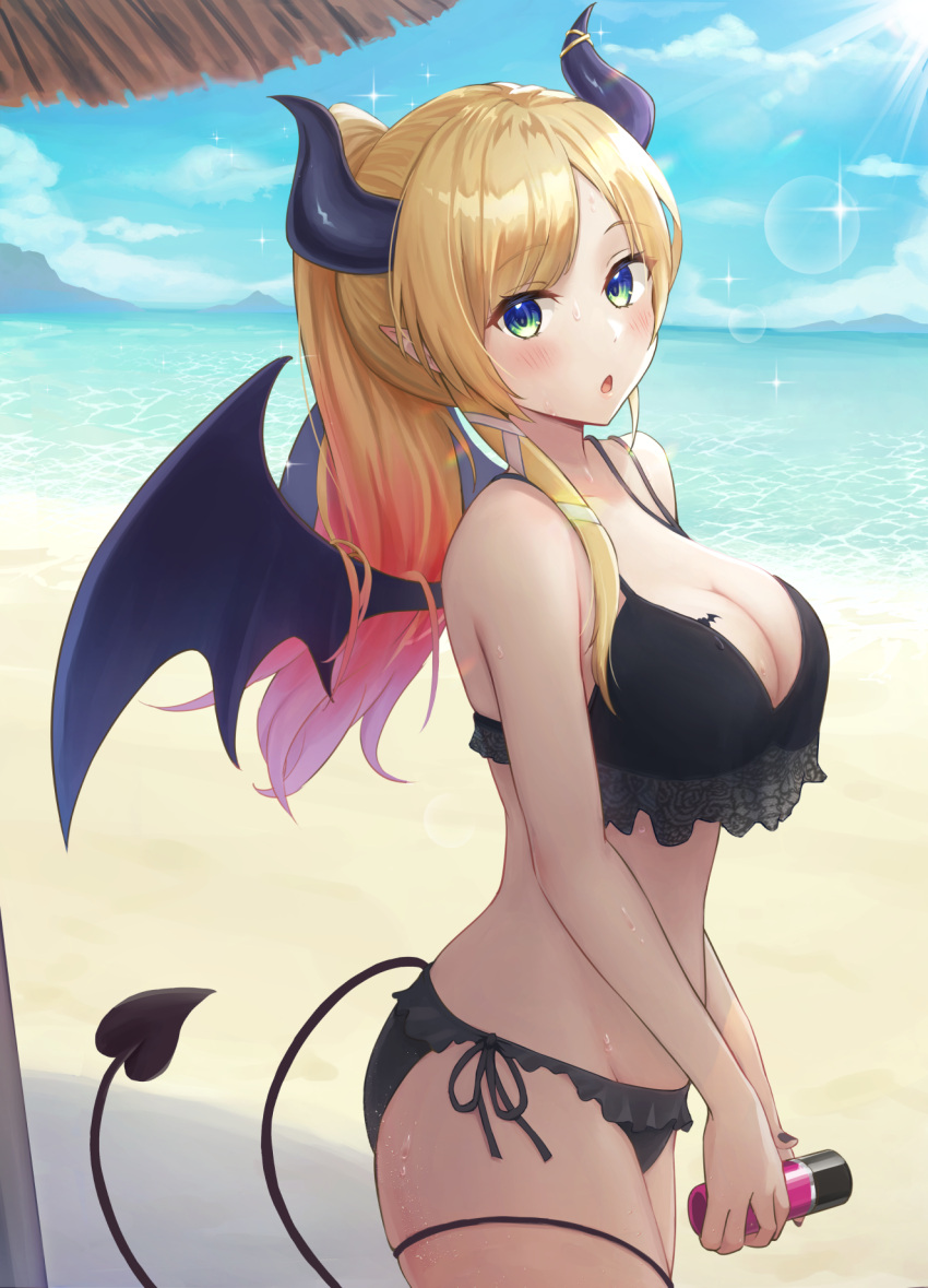 aonikuro bare_arms beach beach_umbrella bikini black_bikini black_horns blonde_hair blue_eyes blue_sky blush breast_tattoo breasts cleavage cloud cowboy_shot day demon_girl demon_horns demon_tail demon_wings female frilled_bikini frills from_side gradient_hair highres holding hololive horn_ornament horn_ring horns huge_breasts long_hair looking_at_viewer multicolored_hair ocean official_alternate_costume official_alternate_hairstyle orange_hair outdoors pink_hair pointy_ears ponytail sand side-tie_bikini_bottom single_sidelock sky solo sparkle streaked_hair sunlight swept_bangs swimsuit tail tattoo umbrella virtual_youtuber wings yuzuki_choco yuzuki_choco_(hololive_summer_2019)