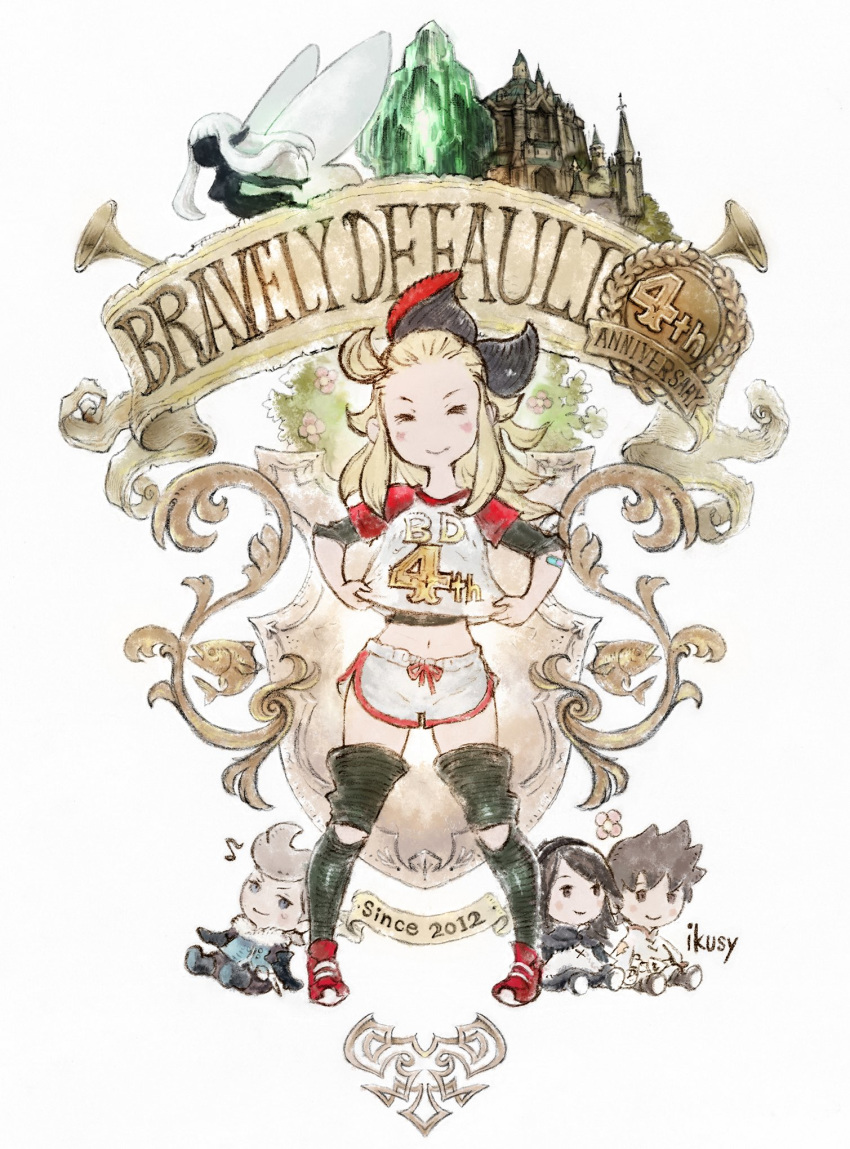 agnes_oblige anniversary blonde_hair bow bravely_default:_flying_fairy bravely_default_(series) castle closed_eyes doll edea_lee fairy fairy_wings female gym_shirt gym_shorts hair_ornament hairbow highres ikusy navel official_art over-kneehighs ringabel shirt shirt_grab shoes shorts smile sneakers sportswear stuffed_toy thighhighs tiz_arrior wings