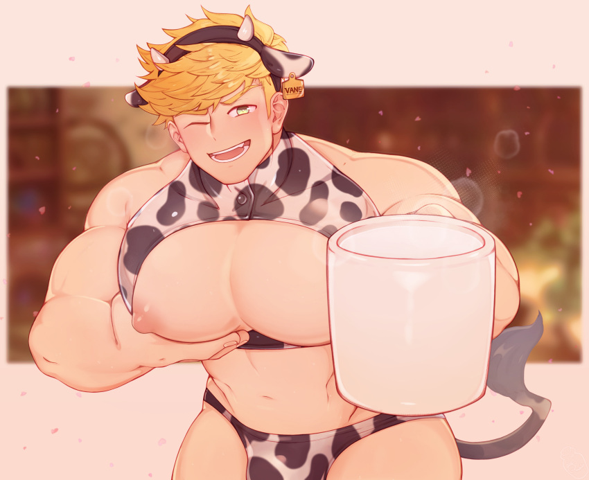 1boy absurdres alternate_costume animal_ears animal_print bara bare_pectorals blonde_hair blush briefs bulge character_name commentary commission cow_boy cow_ears cow_print cow_tail cup fake_animal_ears falling_petals granblue_fantasy green_eyes highres holding holding_cup huge_pectorals male_focus male_lactation male_underwear manboobs milk muscular muscular_male navel nipples one_eye_closed open_mouth pectoral_lift pectorals petals rapbitan short_hair smile solo spilled_milk tail underwear vane_(granblue_fantasy)