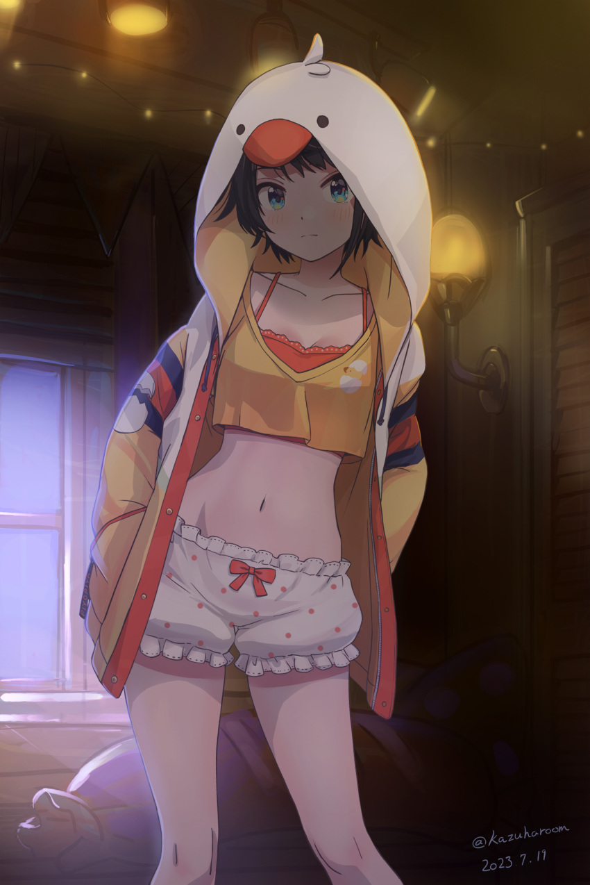 animal_hood black_hair bloomers blue_eyes blush bra bra_peek breasts closed_mouth collarbone commentary cropped_shirt dated female hands_in_pockets haruyama_kazunori highres hololive hood hooded_jacket indoors jacket looking_at_viewer loungewear medium_breasts midriff multicolored_clothes multicolored_jacket navel official_alternate_costume oozora_subaru oozora_subaru_(loungewear) orange_bra orange_ribbon pajamas polka_dot polka_dot_bloomers ribbon shirt short_hair solo twitter_username underwear virtual_youtuber white_bloomers yellow_shirt