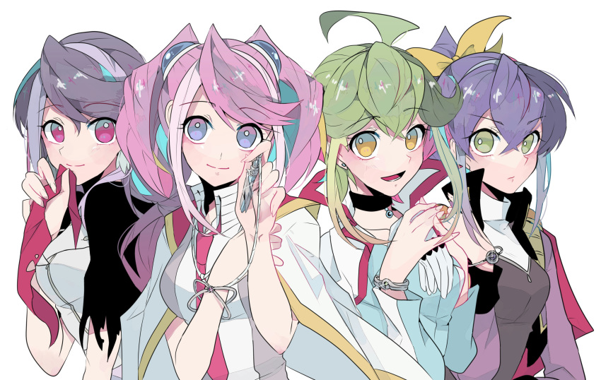 4girls bracelet bracelet_girls choker cosplay costume_switch gradient_eyes green_hair grey_hair hair_between_eyes highres hiiragi_yuzu holding holding_jewelry holding_necklace jacket jacket_on_shoulders jewelry kurosaki_ruri looking_at_viewer multicolored_eyes multiple_girls necklace open_mouth pendant pink_hair popped_collar purple_hair rin_(yu-gi-oh!) sakaki_yuya sakaki_yuya_(cosplay) serena_(yu-gi-oh!) tasutekete torn_clothes white_background yu-gi-oh! yu-gi-oh!_arc-v yuugo_(yu-gi-oh!) yuugo_(yu-gi-oh!)_(cosplay) yuuri_(yu-gi-oh!) yuuri_(yu-gi-oh!)_(cosplay) yuuto_(yu-gi-oh!) yuuto_(yu-gi-oh!)_(cosplay)