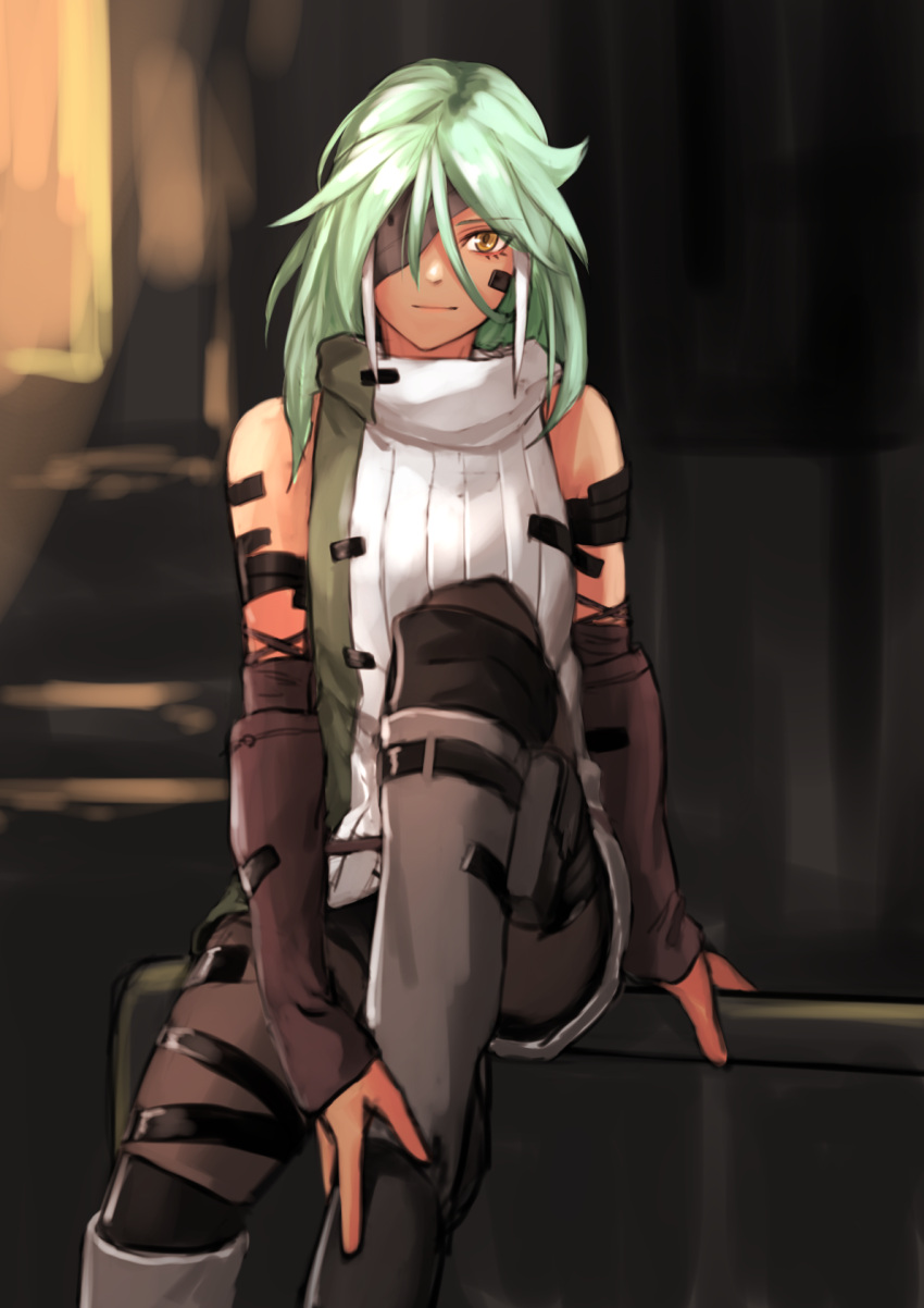 closed_mouth eyepatch female god_eater god_eater_3 green_hair hair_between_eyes highres kilye_kairi long_hair looking_at_viewer player_(god_eater_3) sitting solo yellow_eyes