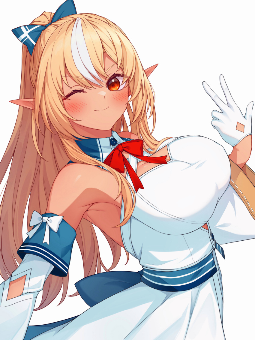 ;) absurdres bare_shoulders blonde_hair blue_bow blush bow bowtie breasts dark-skinned_female dark_elf dark_skin detached_sleeves dress elf female gloves hairbow hand_up highres hololive large_breasts long_hair long_sleeves multicolored_hair one_eye_closed pointy_ears ponytail red_bow red_bowtie red_eyes shiranui_flare shiranui_flare_(1st_costume) sidelocks simple_background sleeveless sleeveless_dress smile solo streaked_hair tang-du upper_body virtual_youtuber w white_background white_dress white_gloves white_hair