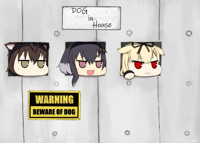 3girls :3 animal_ears black_hair blonde_hair blush chibi dog_ears english_text hair_flaps hairband hatsuzuki_(kancolle) kantai_collection long_hair multiple_girls no_mouth oerba_yun_fang ribbon short_hair_with_long_locks sign thick_eyebrows tile_wall tiles tokitsukaze_(kancolle) yakuto007 yuudachi_(kancolle) yuudachi_kai_ni_(kancolle)