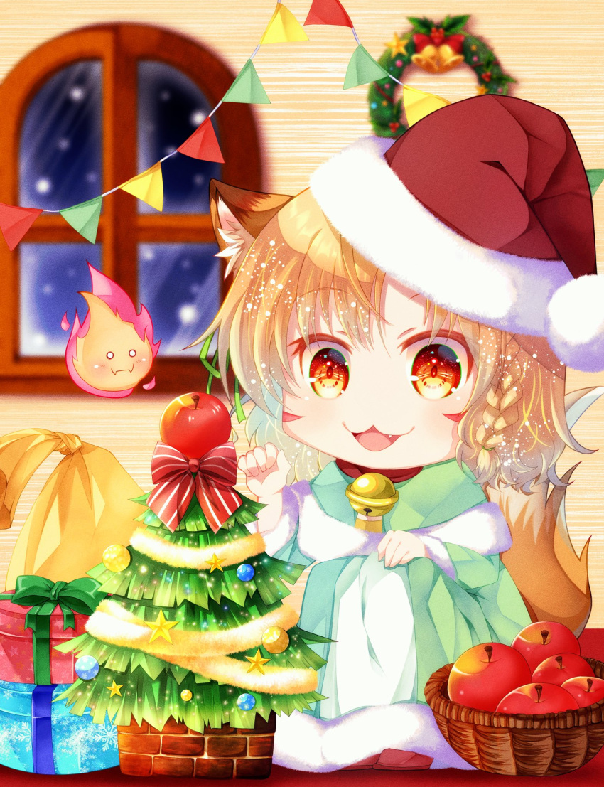 animal_ear_fluff animal_ears apple basket bow cat_ears chibi christmas christmas_tree commission dress female fire flag food fruit fur_trim gift green_bow green_dress hat highres indie_virtual_youtuber kitanya_nyanta mai_mai_(maimaisan17) red_hat santa_hat short_hair skeb_commission solo virtual_youtuber wreath