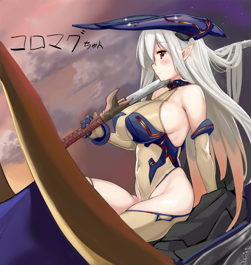 bare_shoulders blush breasts closed_mouth colo_mag-chan covered_navel draph female granblue_fantasy hair_between_eyes highres horns hoshiya_takahito large_breasts leotard long_hair looking_at_viewer pointy_ears profile red_eyes sideboob sky solo sword thighhighs very_long_hair weapon