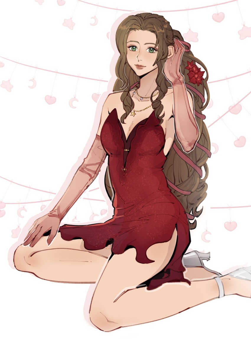 aerith_gainsborough aerith_gainsborough_(red_dress) alternate_gloves alternate_skirt_length bare_shoulders breasts cleavage dress female final_fantasy final_fantasy_vii final_fantasy_vii_remake flamenco_dress flower green_eyes hair_flower hair_ornament hair_ribbon hand_in_own_hair hand_on_own_leg high_heels highres jewelry kneeling long_hair looking_at_viewer medium_breasts necklace official_alternate_costume parted_bangs pink_ribbon ponytail pudelmudel red_dress red_flower ribbon see-through see-through_sleeves short_dress sidelocks solo star_(symbol) star_necklace strapless strapless_dress wavy_hair white_footwear