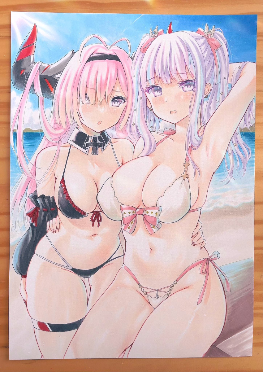 2girls antenna_hair arm_behind_head armpits azur_lane bare_shoulders beach bikini black_bikini blue_sky bow bow_bikini breasts cloud commentary cross detached_collar frilled_sleeves frills hair_over_one_eye hairband highres iron_cross large_breasts large_horns long_hair looking_at_viewer marker_(medium) medium_breasts multiple_girls navel ocean official_alternate_costume open_mouth outdoors photo_(medium) pink_hair plymouth_(azur_lane) plymouth_(heart-throbbing_refreshment)_(azur_lane) prinz_rupprecht_(azur_lane) purple_eyes purple_hair purplepencil red_nails side-tie_bikini_bottom sky swimsuit thigh_strap traditional_media two_side_up water white_bikini