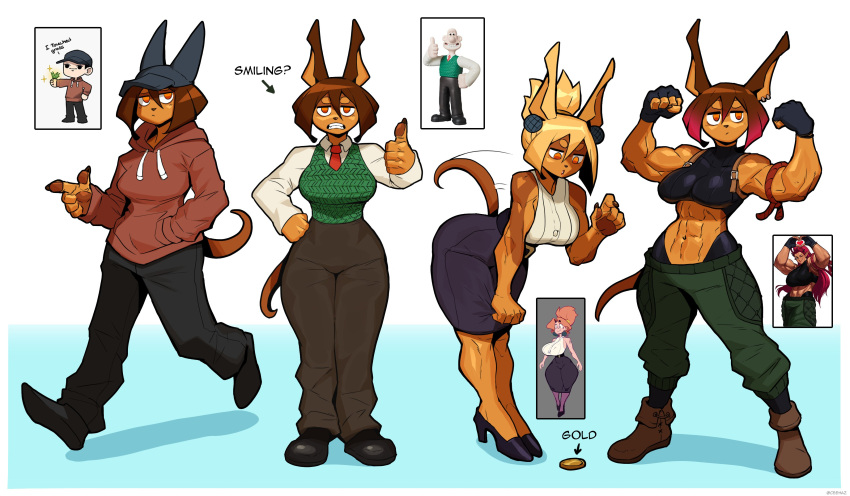 2boys 3girls ? abs absurdres ali_(sotcho) animal_ears artist_request bent_over blonde_hair brown_hair cee-haz character_request coin commentary copyright_request cosplay dog_ears dog_girl dog_tail english_commentary fingerless_gloves flexing full_body furry furry_female gloves gold_coin hair_between_eyes hand_in_pocket hat heart high_heels highres hood hood_down hoodie long_sleeves looking_at_viewer multicolored_hair multiple_boys multiple_girls muscular muscular_female navel original parted_lips pink_hair rory_(cee-haz) short_hair skirt sleeveless sotcho standing tail teeth thumbs_up two-tone_hair walking wallace_(wallace_and_gromit) wallace_(wallace_and_gromit)_(cosplay) wallace_and_gromit