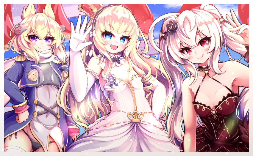 3girls alma_stella azur_lane black_panties blonde_hair blue_eyes breasts coat crown detached_collar dress elbow_gloves epaulettes evening_gown gloves gold_trim hair_ears hairband halterneck headgear highres lace-trimmed_hairband lace_trim layered_dress long_hair long_sleeves looking_at_viewer mini_crown multiple_girls official_alternate_costume open_mouth panties pantyshot purple_coat purple_eyes queen_elizabeth_(azur_lane) queen_elizabeth_(the_queen's_ball)_(azur_lane) red_dress red_eyes scarf sleeveless sleeveless_dress small_breasts strapless strapless_dress underwear valiant_(azur_lane) valiant_(queen_valiant_i)_(azur_lane) warspite_(azur_lane) white_dress white_gloves white_hair white_scarf