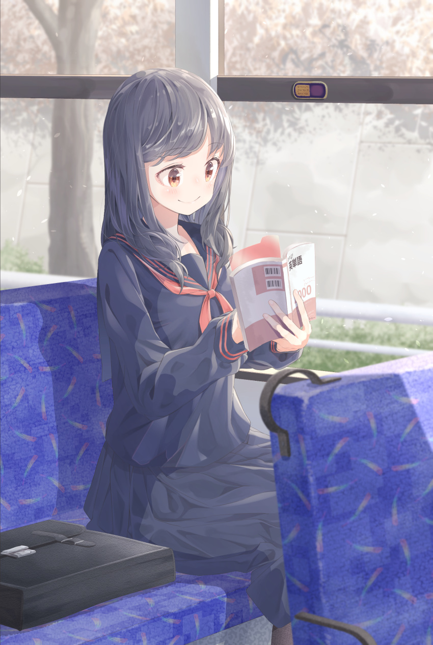 12_graka absurdres bag black_hair black_serafuku black_skirt blush book bookbag brown_eyes bus_interior commentary day female highres long_hair long_sleeves open_book original pantyhose reading school_uniform serafuku sitting skirt smile solo uniform