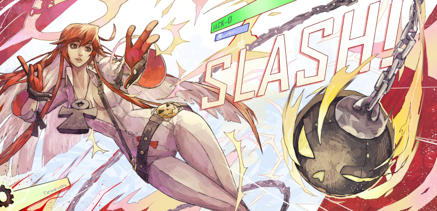 absurdres ankh ankh_necklace belt bodysuit chains female guilty_gear guilty_gear_strive halo health_bar highres jack-o'_valentine long_hair multicolored_hair red_hair spiked_halo subakeye two-tone_hair white_bodysuit