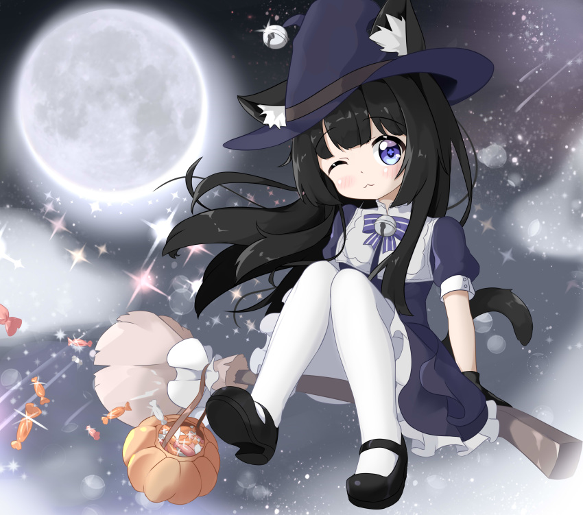 :3 absurdres animal_ear_fluff animal_ears basket bell black_dress black_footwear black_gloves black_hair black_hat blue_eyes broom broom_riding candy cat_ears cat_tail dress female flying food full_moon gloves halloween hat highres jingle_bell long_hair mao_xin'ai mary_janes moon night night_sky one_eye_closed original outdoors pantyhose ribbon shoes short_sleeves sidesaddle sitting sky smile solo star_(sky) starry_sky tail white_pantyhose witch_hat