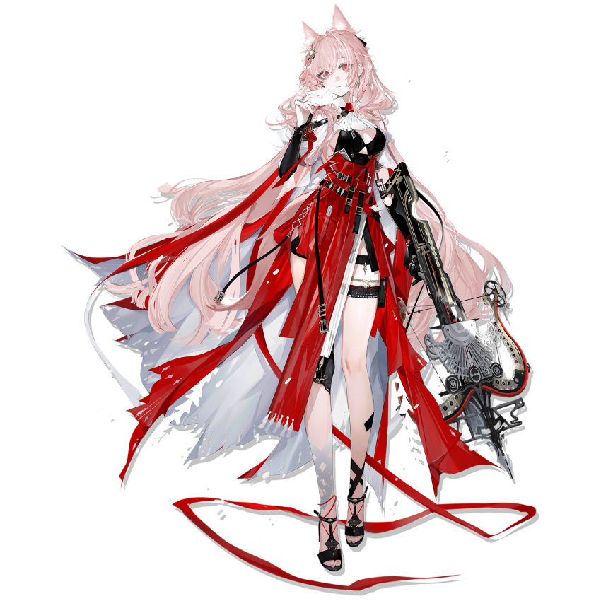 animal_ears arknights bare_legs belt black_footwear chuzenji closed_mouth crossbow envelope extra_ears female full_body hair_between_eyes hair_ornament hand_up highres holding holding_crossbow holding_envelope holding_letter holding_weapon letter long_hair looking_at_viewer multiple_belts official_art pink_eyes pink_hair pozyomka_(arknights) red_skirt shoes skirt solo standing tachi-e thigh_strap thighs transparent_background very_long_hair weapon wolf_ears