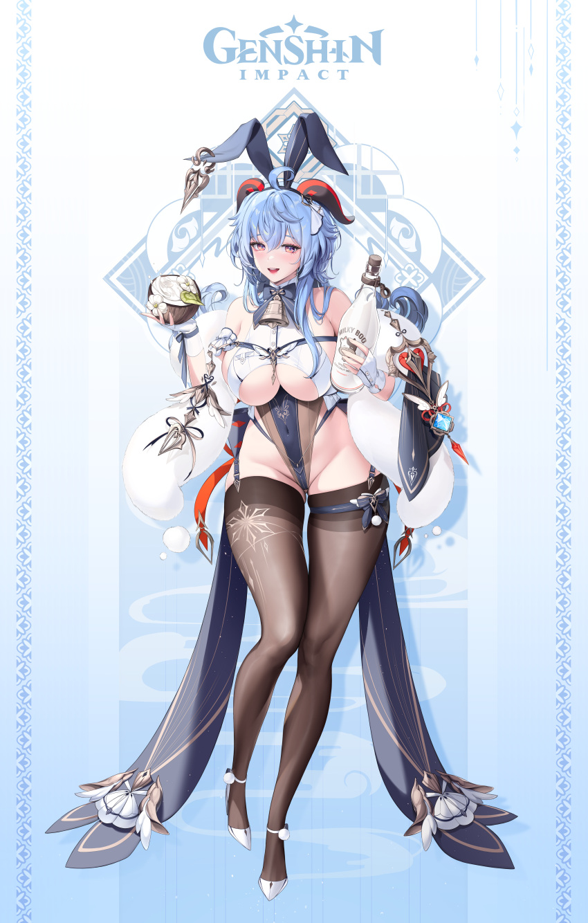 absurdres ahoge alternate_breast_size alternate_costume animal_ears bare_shoulders black_hairband black_thighhighs blue_background blue_hair bottle breasts chest_strap coconut coconut_cup commentary copyright_name covered_navel fake_animal_ears feather_boa female fingerless_gloves flower fruit_cup full_body ganyu_(genshin_impact) genshin_impact gloves goat_horns gradient_background gradient_eyes groin hairband hands_up high_heels highleg highleg_leotard highres holding holding_bottle horns large_breasts leaf legs leotard long_hair looking_at_viewer madaeng milk_bottle multicolored_eyes playboy_bunny purple_eyes qingxin_flower rabbit_ears ribbon skindentation solo thigh_strap thighhighs thighs underboob vision_(genshin_impact) white_flower white_footwear white_gloves wrist_ribbon