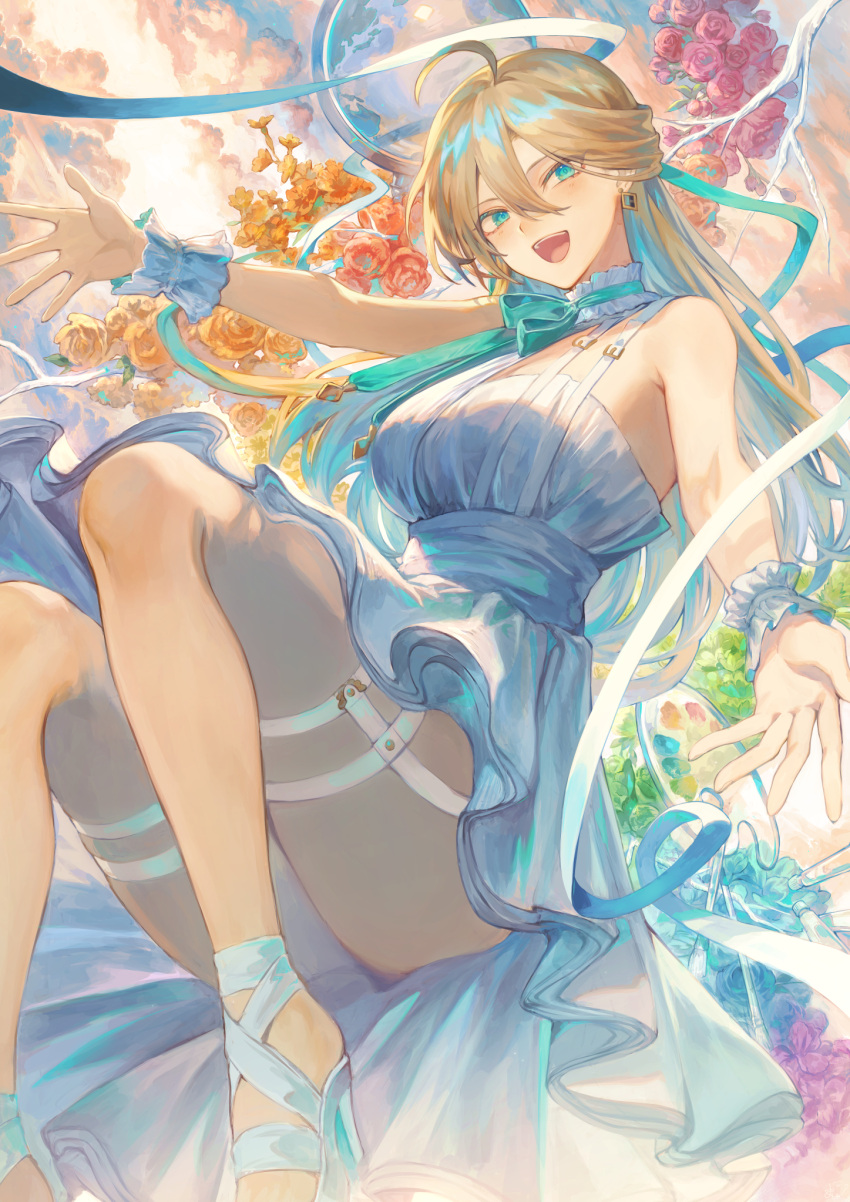 :d ahoge aqua_eyes breasts cloud commentary dress earrings female flower garter_straps hair_between_eyes high_heels highres jewelry kamina_kohane legs light_brown_hair long_hair looking_at_viewer mashuu_(neko_no_oyashiro) medium_breasts open_mouth palette_project sandals sleeveless sleeveless_dress smile solo virtual_youtuber white_dress white_footwear