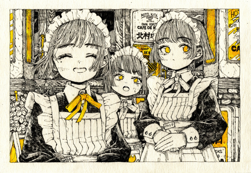 3girls apron black_dress border brick brick_wall closed_eyes collared_dress dress expressionless hatching_(texture) highres kitamurashu leaf long_sleeves looking_at_viewer maid maid_headdress monochrome multiple_girls neck_ribbon open_mouth original own_hands_together partially_colored plant ribbon short_hair smile upper_body white_apron white_border white_ribbon yellow_eyes yellow_ribbon