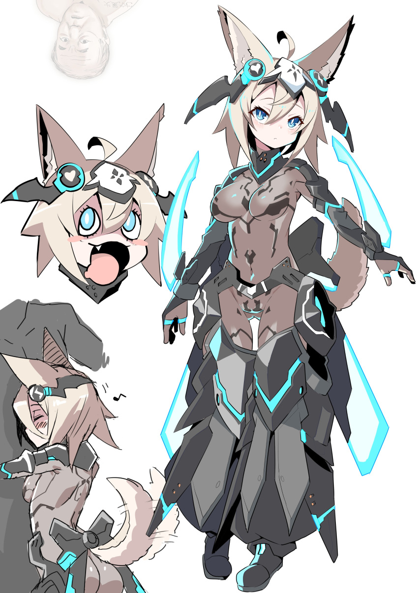 absurdres ahoge animal_ears armor ass_visible_through_thighs awesome_face bad_id bad_twitter_id black_footwear blonde_hair blue_eyes blush_stickers bodystocking breasts brown_legwear chibi closed_mouth female fox_ears hair_between_eyes highres inukaze_yamu looking_at_viewer medium_breasts medium_hair multiple_views navel old old_man open_mouth original phantasy_star phantasy_star_online_2 simple_background tail white_background zelsius