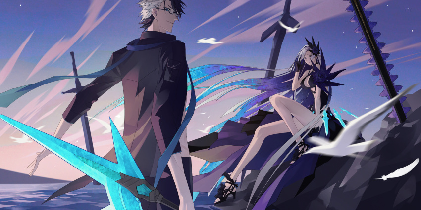 1boy absurdres bare_shoulders bird black_gloves blue_eyes blue_hair blue_scarf breasts brynhildr_(fate) brynhildr_(swimsuit_berserker)_(fate) cleavage_cutout clothing_cutout dress dress_swimsuit fate/grand_order fate_(series) female firewind flower glasses gloves gram_(fate) hair_flower hair_ornament high_heels highres holding holding_sword holding_weapon husband_and_wife large_breasts long_hair multicolored_hair open_clothes open_shirt planted planted_sword purple_eyes purple_flower purple_rose rose scarf sigurd_(fate) sigurd_(memories_with_my_lover)_(fate) sitting smile sword two-tone_hair very_long_hair water weapon white_hair wind