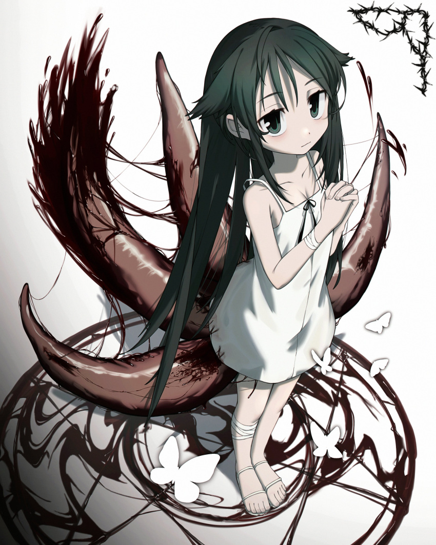 absurdres blood bug butterfly dress female full_body green_eyes green_hair highres long_hair looking_at_viewer micka_(shoeforlunch) own_hands_clasped own_hands_together sandals saya_(saya_no_uta) saya_no_uta solo tentacle white_background white_dress