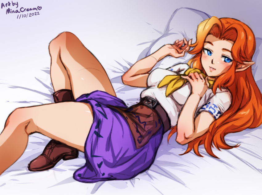 artist_name bare_legs belt blue_eyes blush boots breasts brown_belt brown_footwear commentary dated female hand_on_own_chest knee_up long_hair looking_at_viewer lying malon medium_breasts mina_cream neckerchief on_back orange_hair pillow pointy_ears purple_skirt seductive_smile shirt shirt_tucked_in short_sleeves skirt smile solo the_legend_of_zelda the_legend_of_zelda:_ocarina_of_time thighs white_shirt yellow_neckerchief