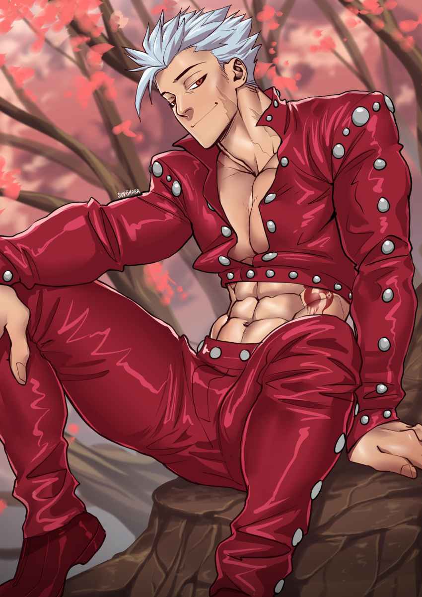 1boy abs absurdres ban_(nanatsu_no_taizai) bara closed_mouth collarbone commentary english_commentary foot_out_of_frame hair_slicked_back hand_on_own_knee highres in_tree jacket light_smile male_focus nanatsu_no_taizai outdoors pants pectoral_cleavage pectorals red_eyes red_jacket red_pants sitting sitting_in_tree solo suyohara tattoo thighs toned toned_male tree white_hair