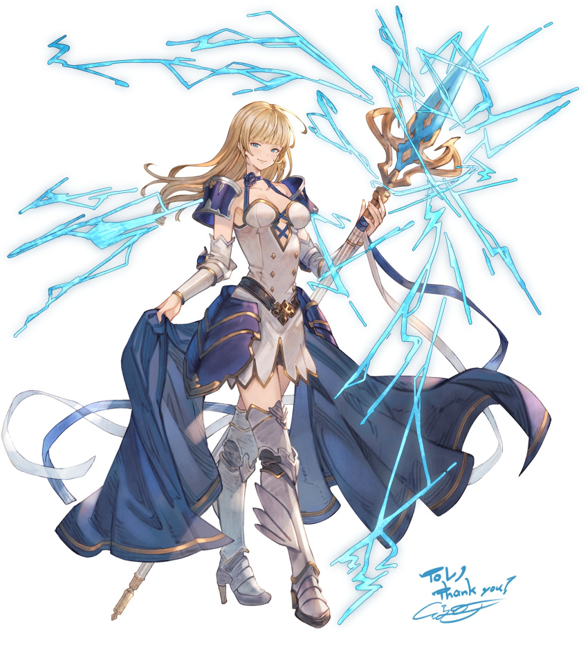 absurdres armor ayacho blonde_hair blue_eyes blue_protocol blue_ribbon blunt_bangs breasts character_request cleavage closed_mouth clothes_grab collarbone commentary commission detached_sleeves dress female full_body high_heels highres holding holding_polearm holding_weapon leg_armor long_hair looking_at_viewer mole mole_under_eye polearm ribbon shoulder_armor skeb_commission small_breasts solo standing thank_you weapon white_dress white_ribbon