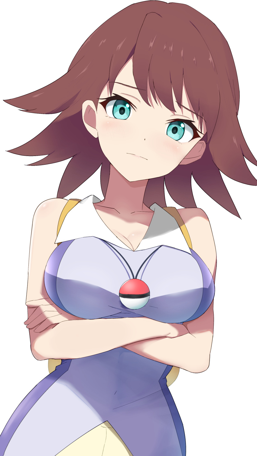 absurdres arms_under_breasts backpack bag bare_arms breasts brown_hair cleavage closed_mouth collarbone commentary_request commission crossed_arms eyelashes female green_eyes highres looking_at_viewer medium_hair neesha_(pokemon) pixiv_commission pokemon pokemon:_the_first_movie_-_mewtwo_strikes_back pokemon_(anime) pokemon_(classic_anime) purple_shirt ryokuchabushi shirt simple_background sleeveless sleeveless_shirt solo white_background yellow_bag