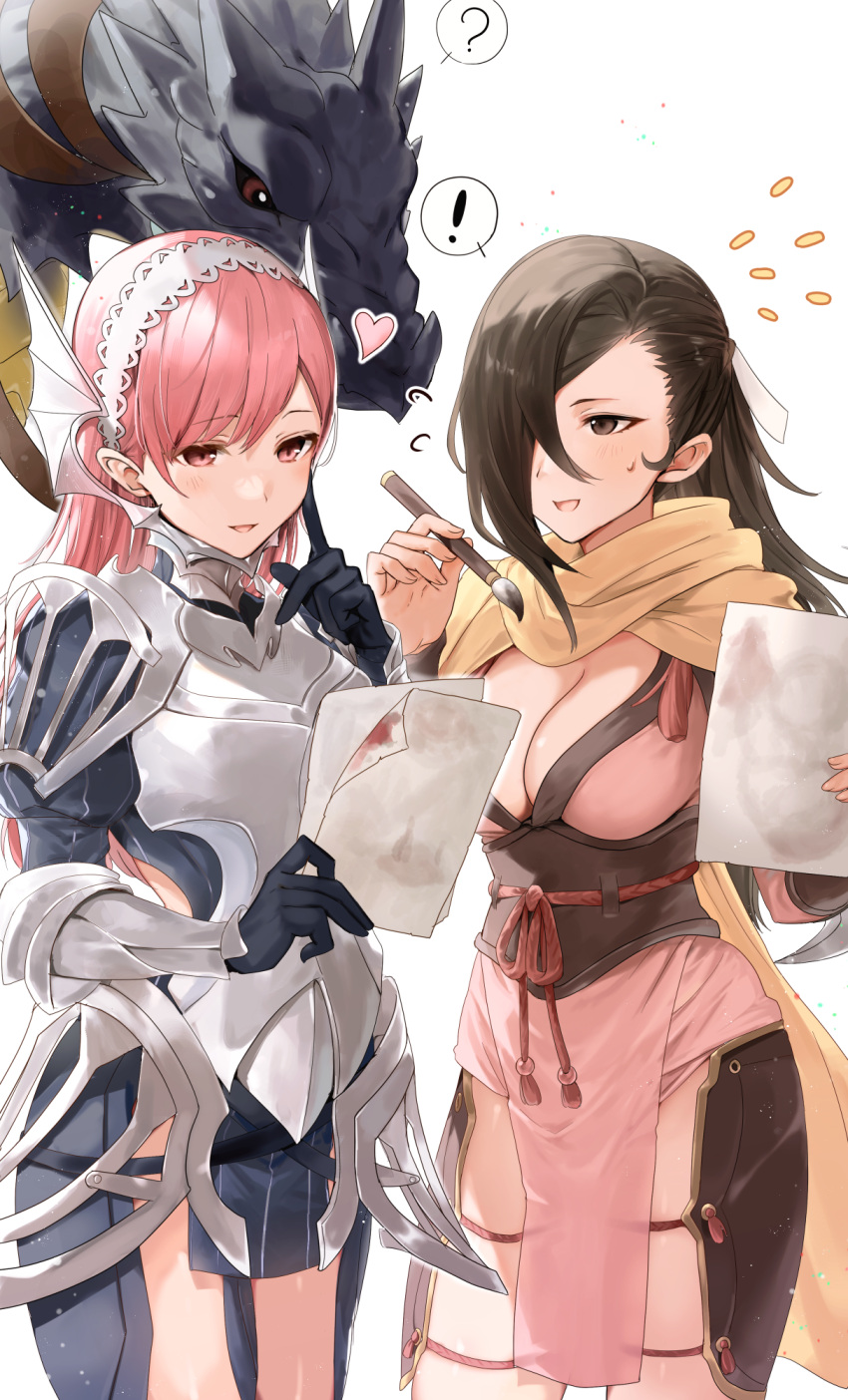 ! 2girls :d ? armor black_dress black_eyes black_gloves black_hair breastplate breasts cherche_(fire_emblem) cleavage commentary_request cowboy_shot dragon dress fire_emblem fire_emblem_awakening fire_emblem_fates gloves hairband haru_(nakajou-28) heart highres holding holding_brush holding_paper japanese_clothes kagero_(fire_emblem) kimono large_breasts long_hair multiple_girls open_mouth paper partial_commentary pelvic_curtain pink_eyes pink_hair pink_kimono scarf simple_background smile spoken_exclamation_mark spoken_question_mark standing thighs very_long_hair white_background white_hairband wyvern yellow_scarf