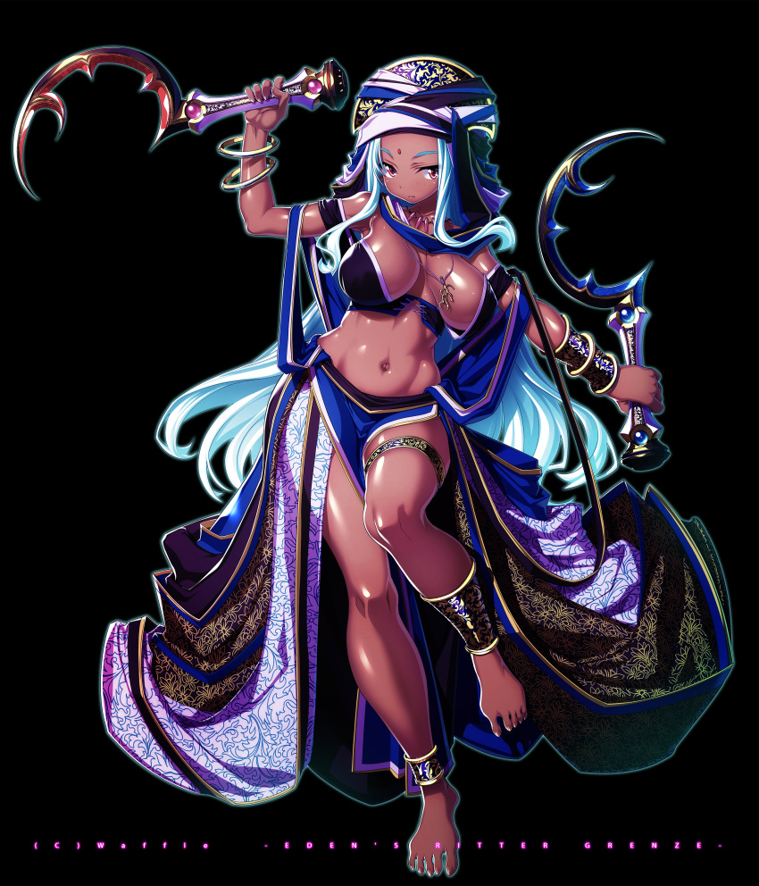 absurdres anklet aqua_hair barefoot black_background bracelet breasts dark-skinned_female dark_skin dual_wielding eden's_ritter_grenze facial_mark female forehead_mark full_body highres holding jewelry khopesh large_breasts long_hair looking_at_viewer navel necklace red_eyes revealing_clothes reverse_grip sakuya_tsuitachi shiny_skin solo standing standing_on_one_leg thighlet very_long_hair