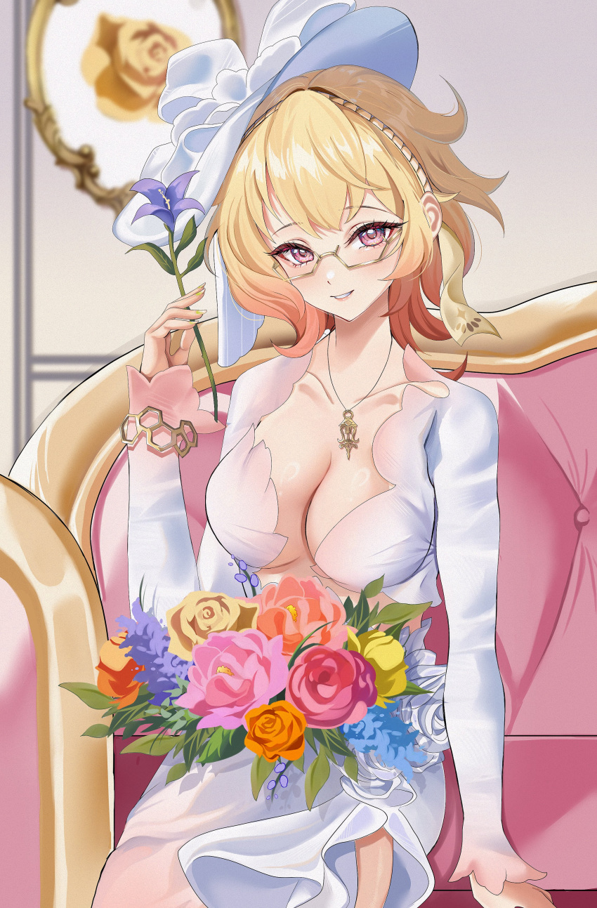 absurdres alternate_breast_size blonde_hair bouquet breasts cleavage collarbone couch cowboy_shot dress emilie_(genshin_impact) emilie_(guerlain)_(genshin_impact) female fingernails flower genshin_impact glasses hand_up hashtag-only_commentary hat highres holding holding_flower jewelry large_breasts light_blush long_fingernails long_hair long_sleeves multicolored_hair official_alternate_costume on_couch orange_flower parted_lips pendant pink_eyes pink_flower purple_flower red_flower semi-rimless_eyewear sitting smile solo teeth white_dress white_hat y_osu yellow-framed_eyewear yellow_flower