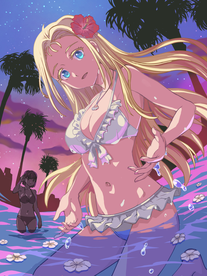 2girls absurdres bikini black_bikini blonde_hair blue_eyes commentary_request dusk flower frilled_bikini frills front-tie_bikini_top front-tie_top hair_flower hair_ornament highres kofune_mio kofune_ushio long_hair multiple_girls navel night night_sky oota_satoshi_(miux) palm_tree sky summertime_render swimsuit tree water